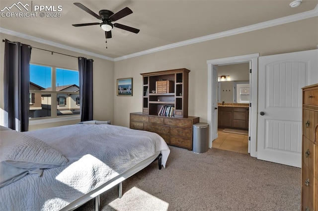 835 Redemption Pt, Colorado Springs, CO 80905 - tiled bedroom featuring ceiling fan, ensuite bathroom, ornamental molding, and carpet floors