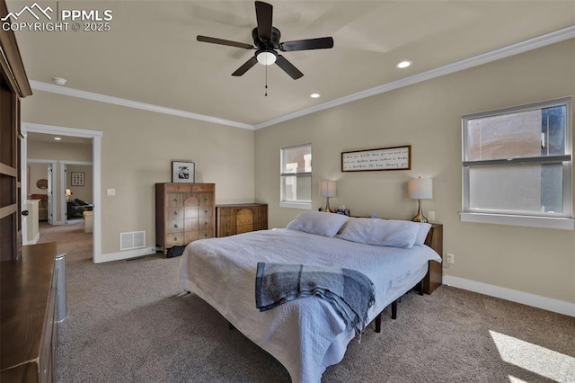 835 Redemption Pt, Colorado Springs, CO 80905 - carpeted bedroom with recessed lighting, baseboards, ornamental molding, ceiling fan, and visible vents