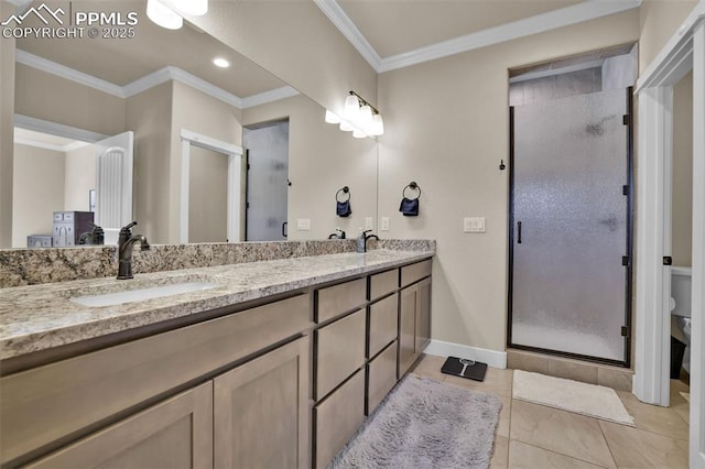 835 Redemption Pt, Colorado Springs, CO 80905 - bathroom featuring a sink, toilet, a stall shower, crown molding, and double vanity