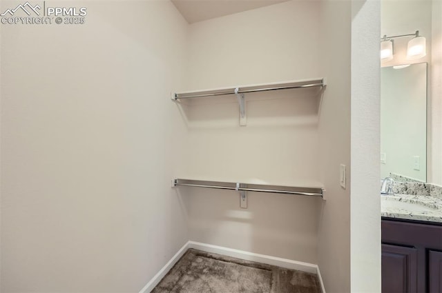 walk in closet with a sink and carpet flooring