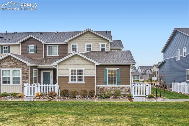 craftsman house featuring a shingled roof, a gate, and stone siding