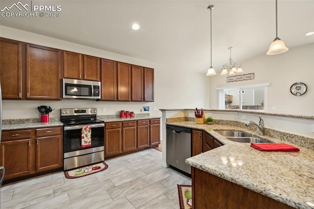 10842 Scenic Brush Dr, Peyton, CO 80831 - kitchen with appliances with stainless steel finishes, a sink, light stone countertops, a chandelier, and hanging light fixtures