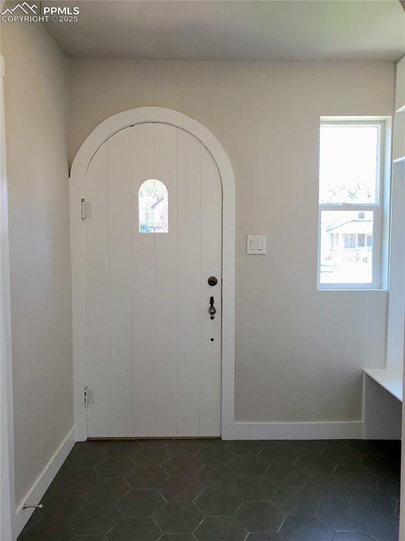 foyer featuring plenty of natural light, dark tile patterned floors, and baseboards