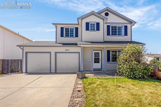 view of front of house featuring concrete driveway, a porch, a garage, and a shingled roof