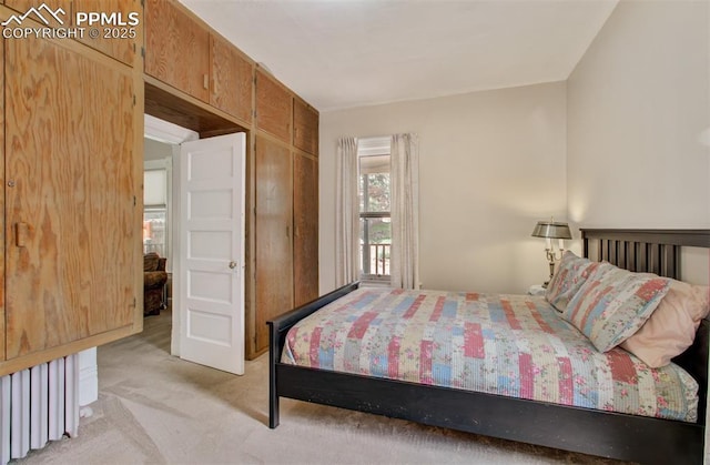 bedroom featuring light carpet and radiator