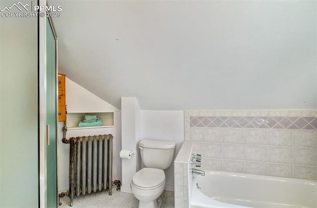 full bathroom with toilet, radiator, baseboards, and a garden tub