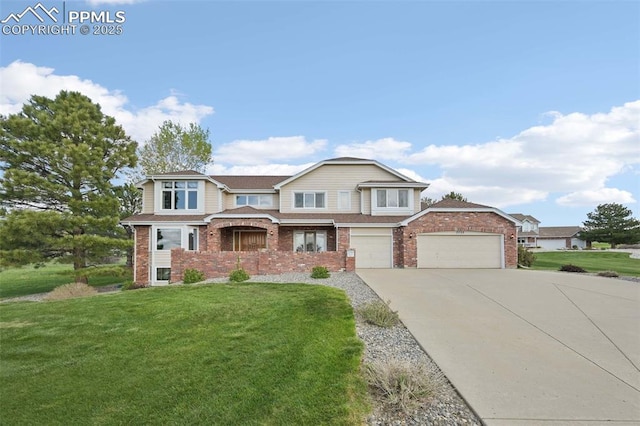 view of front facade with brick siding, concrete driveway, a front lawn, and a garage