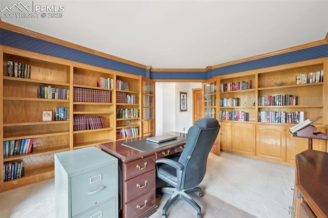 home office with light carpet, crown molding, and wallpapered walls