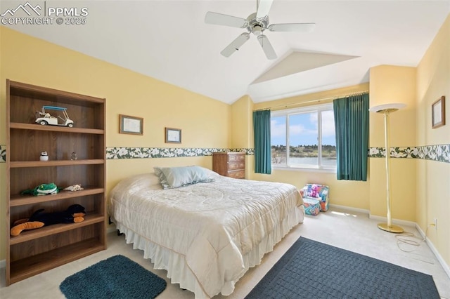 bedroom with carpet flooring, lofted ceiling, ceiling fan, a water view, and baseboards