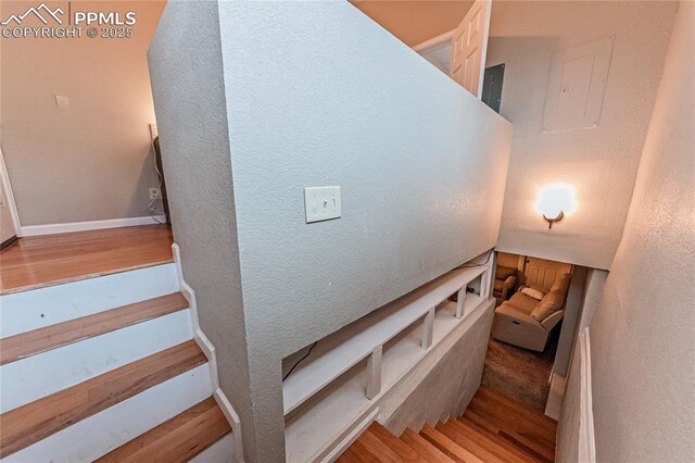 1503 Cheyenne Blvd, Colorado Springs, CO 80906 - staircase featuring wood finished floors, baseboards, and electric panel