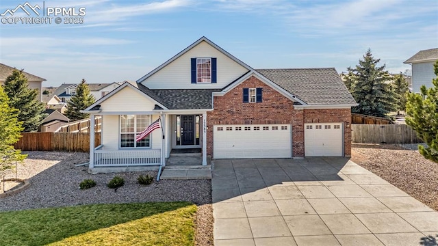 12383 Pine Valley Cir, Peyton, CO 80831 - traditional-style home with fence, brick siding, concrete driveway, roof with shingles, and an attached garage