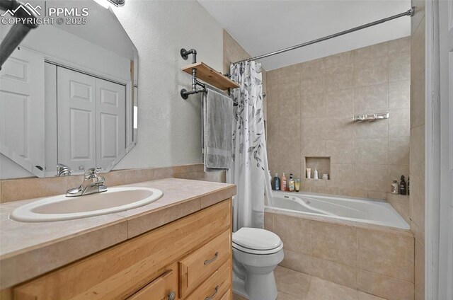 17090 Forest Green Way, Elbert, CO 80106 - bathroom with tile patterned flooring, tiled shower / bath, toilet, and vanity