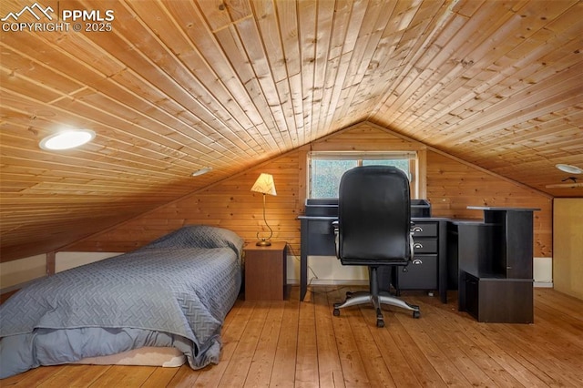18 Fountain Pl, Manitou Springs, CO 80829 - bedroom with wooden ceiling, wood walls, wood-type flooring, and vaulted ceiling