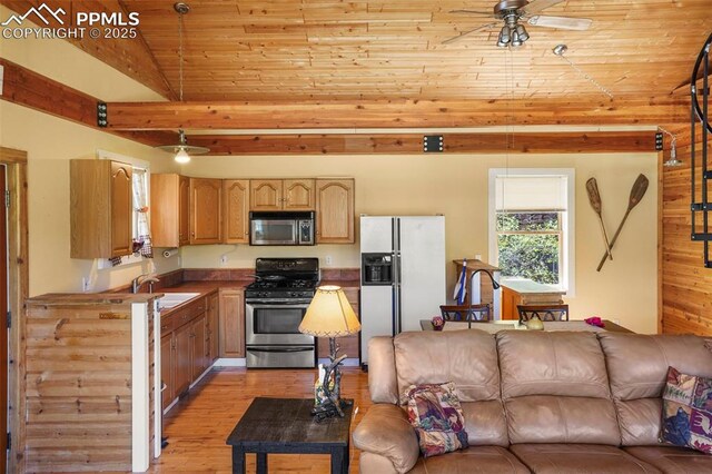 18 Fountain Pl, Manitou Springs, CO 80829 - living area featuring a ceiling fan, wood ceiling, light wood-style flooring, and beamed ceiling