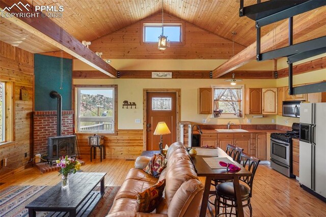 18 Fountain Pl, Manitou Springs, CO 80829 - living area with a wood stove, wood walls, light wood finished floors, healthy amount of natural light, and wainscoting