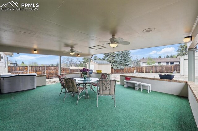 5050 Bunk House Ln, Colorado Springs, CO 80917 - view of patio / terrace featuring a fenced backyard, a storage shed, an outbuilding, and ceiling fan