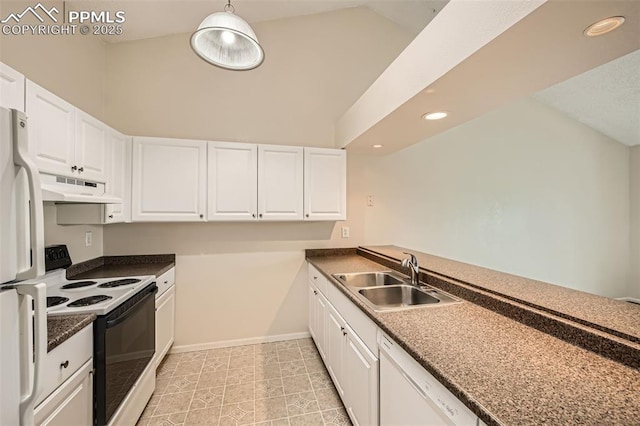 kitchen featuring white cabinetry, white appliances, a sink, and under cabinet range hood