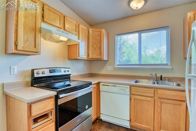 2610 Plumtree Grv, Colorado Springs, CO 80907 - kitchen with white appliances, a sink, under cabinet range hood, light brown cabinets, and light countertops