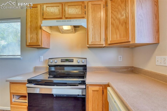2610 Plumtree Grv, Colorado Springs, CO 80907 - kitchen featuring stainless steel electric range oven, under cabinet range hood, light countertops, and white dishwasher