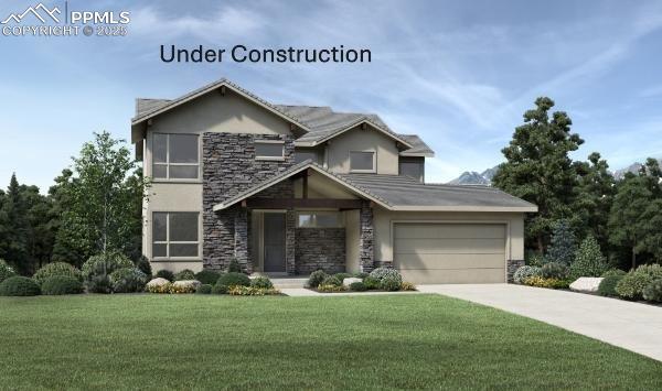 3402 Crest Hollow Vw, Colorado Springs, CO 80904 - view of front facade with stone siding, stucco siding, concrete driveway, a front yard, and an attached garage
