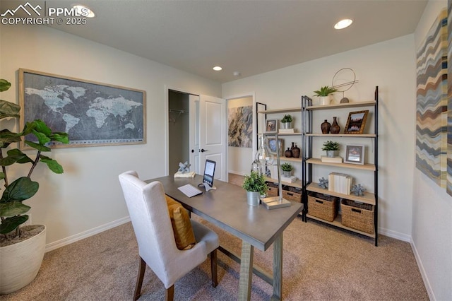 office space featuring baseboards, recessed lighting, and carpet floors