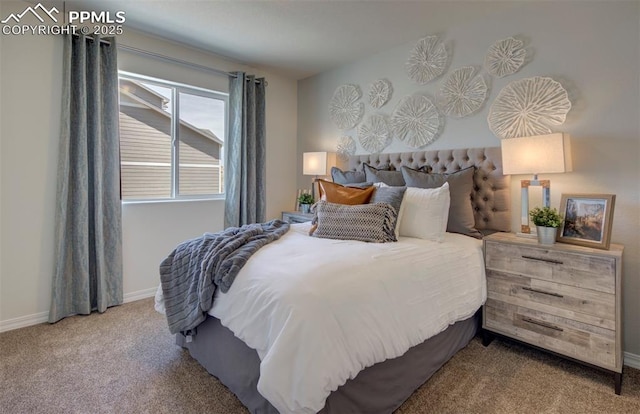 bedroom with carpet floors and baseboards