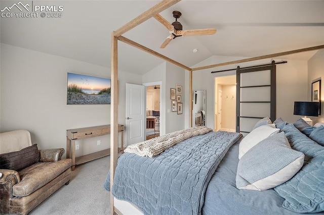 4932 Sand Canyon Trl, Colorado Springs, CO 80924 - bedroom featuring light colored carpet, a barn door, lofted ceiling, and a ceiling fan
