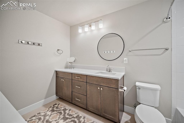 4932 Sand Canyon Trl, Colorado Springs, CO 80924 - bathroom featuring vanity, toilet, baseboards, tile patterned floors, and a shower