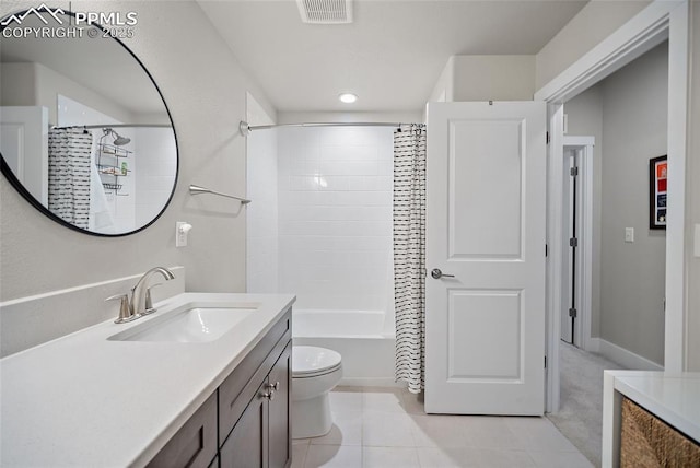 4932 Sand Canyon Trl, Colorado Springs, CO 80924 - bathroom featuring vanity, toilet, tile patterned floors, shower / bath combination with curtain, and recessed lighting