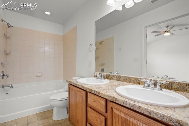 1118 Walters Pt, Monument, CO 80132 - bathroom with double vanity, shower / washtub combination, ceiling fan, and tile patterned flooring