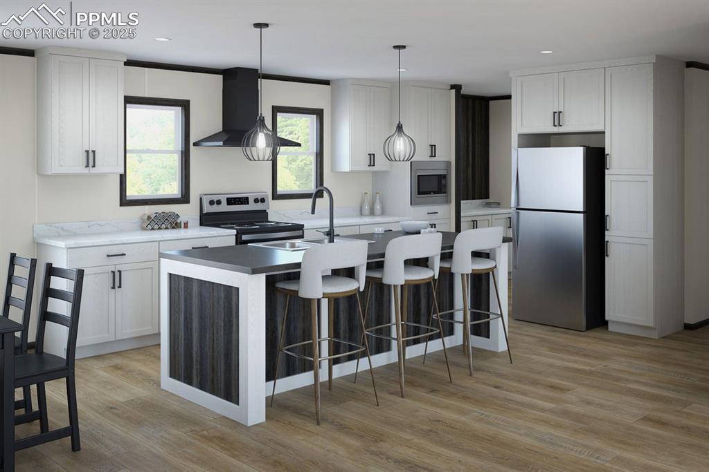 5557 Sengbeil Rd, Yoder, CO 80864 - kitchen with stainless steel appliances, wall chimney range hood, a sink, a center island with sink, and light wood finished floors