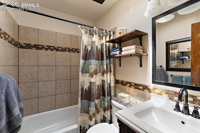 3425 Post Oak Dr, Colorado Springs, CO 80916 - full bathroom featuring shower / bath combination with curtain, decorative backsplash, toilet, vanity, and tile walls