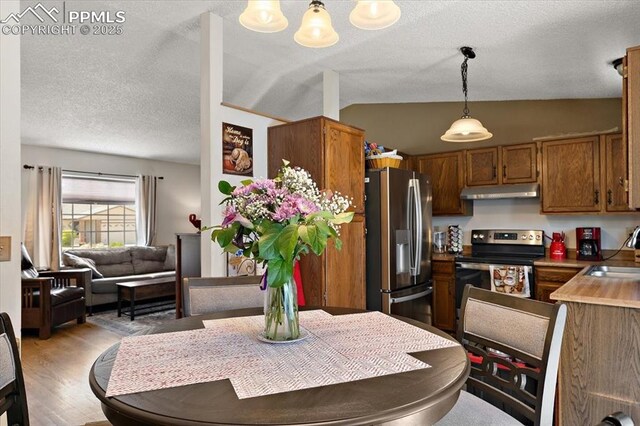 3425 Post Oak Dr, Colorado Springs, CO 80916 - kitchen featuring stainless steel appliances, a sink, under cabinet range hood, vaulted ceiling, and brown cabinets
