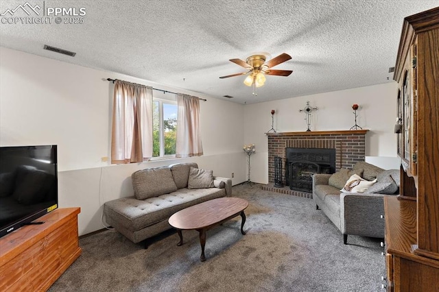 3425 Post Oak Dr, Colorado Springs, CO 80916 - living area featuring ceiling fan, a brick fireplace, carpet flooring, and a textured ceiling