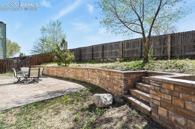 view of yard featuring a patio area, outdoor dining area, and a fenced backyard