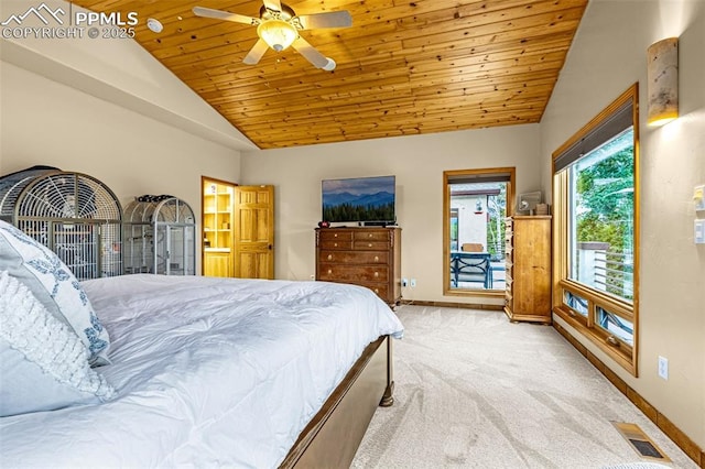 17995 Minglewood Trl, Monument, CO 80132 - bedroom with lofted ceiling, wood ceiling, carpet floors, and ceiling fan