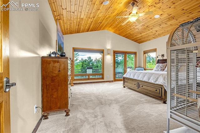 17995 Minglewood Trl, Monument, CO 80132 - bedroom featuring vaulted ceiling, access to exterior, carpet flooring, wooden ceiling, and ceiling fan