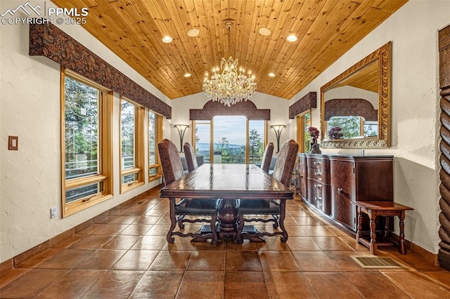 17995 Minglewood Trl, Monument, CO 80132 - dining area with a textured wall, a chandelier, recessed lighting, vaulted ceiling, and wood ceiling