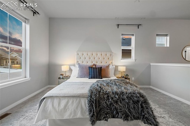 bedroom featuring carpet flooring, multiple windows, and baseboards