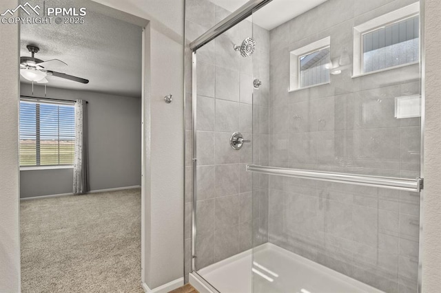 7238 Fauna Glen Dr, Colorado Springs, CO 80927 - full bath with a stall shower, ceiling fan, and a textured ceiling