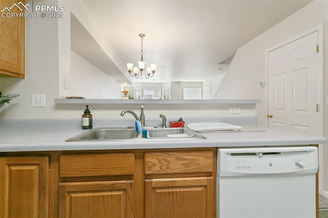 kitchen with white dishwasher, a sink, light countertops, a chandelier, and brown cabinets