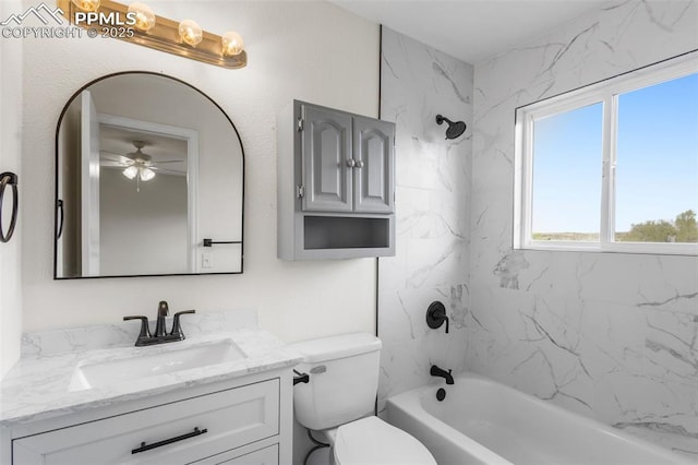 4650 Cassidy St, Colorado Springs, CO 80911 - full bathroom featuring bathtub / shower combination, toilet, vanity, and ceiling fan