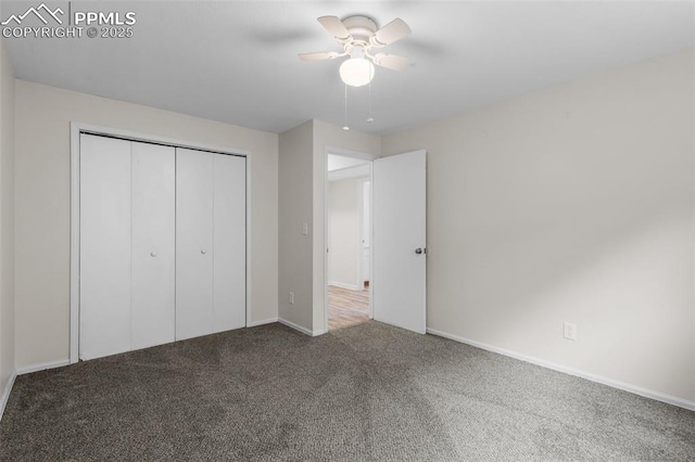 4650 Cassidy St, Colorado Springs, CO 80911 - unfurnished bedroom with baseboards, carpet flooring, a closet, and a ceiling fan