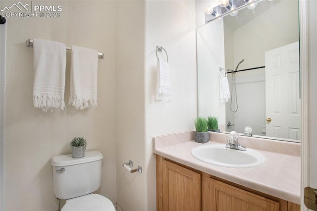 full bath with toilet, vanity, and a shower