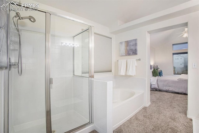 full bathroom featuring a shower stall, a garden tub, connected bathroom, and ceiling fan
