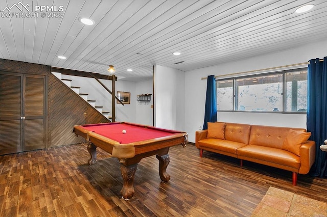 9410 Shoshone Rd, Cascade, CO 80809 - recreation room with recessed lighting, billiards table, hardwood / wood-style floors, and wooden ceiling
