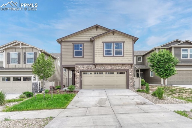 4342 Kaolin Ct, Colorado Springs, CO 80938 - craftsman-style home with stone siding, an attached garage, and driveway
