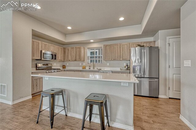 4342 Kaolin Ct, Colorado Springs, CO 80938 - kitchen with appliances with stainless steel finishes, a breakfast bar area, light wood-type flooring, light countertops, and recessed lighting