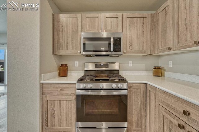 4342 Kaolin Ct, Colorado Springs, CO 80938 - kitchen with stainless steel appliances, light brown cabinetry, light countertops, and a textured wall