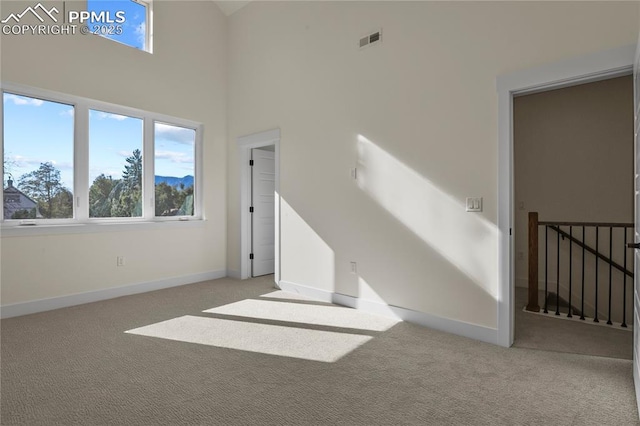empty room featuring carpet, plenty of natural light, baseboards, and a high ceiling